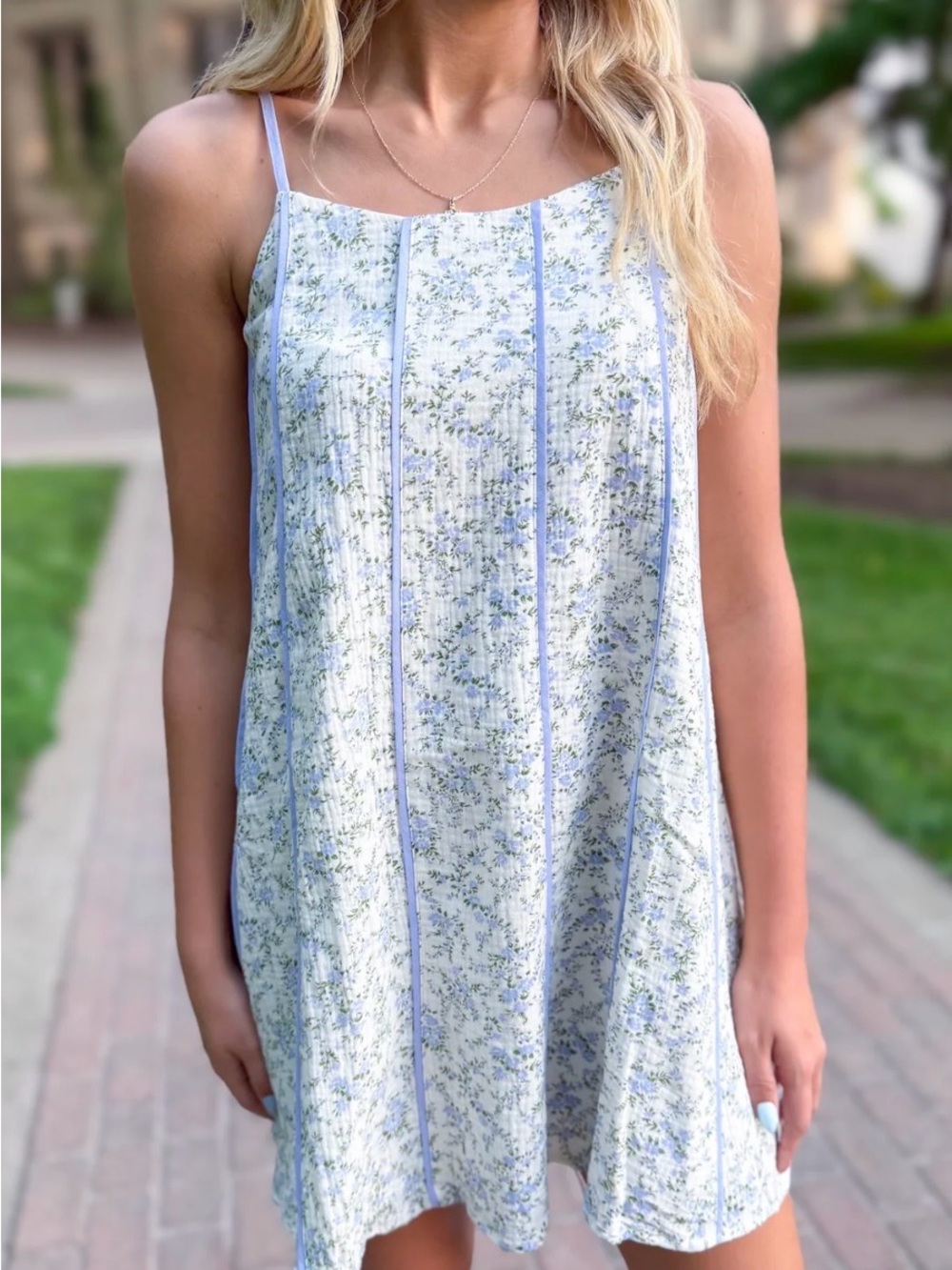 Light Blue Floral Spaghetti‑Strap Casual Dress